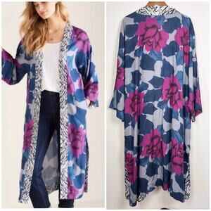 Soft Surroundings Floral Kimono Cardigan Duster Shell Trim Boho OS Open Front